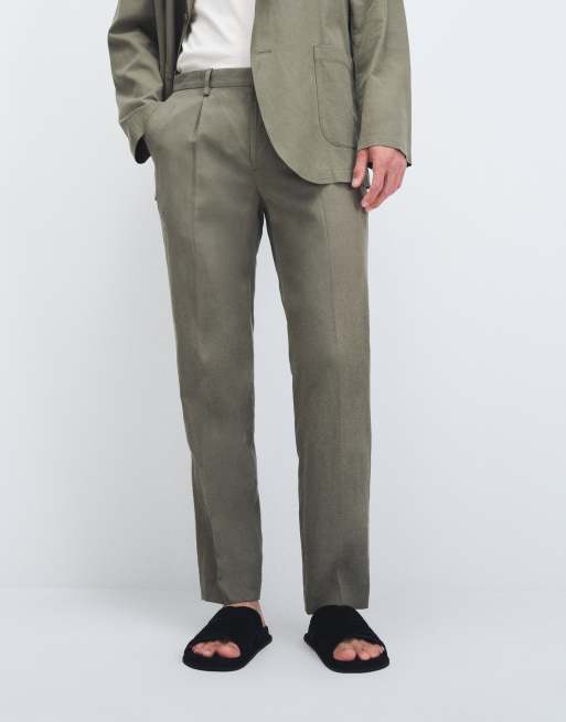 Mango Delave linen blend relaxed fit suit trouser co-ord in olive green, 2 of 9