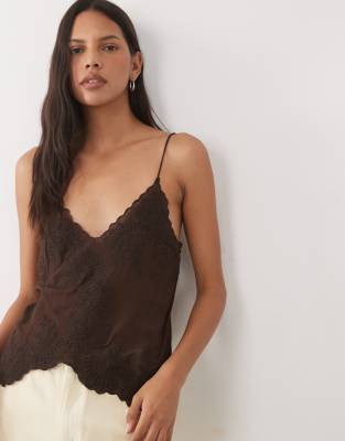 Mango Delicate Embroidered Cami In Brown
