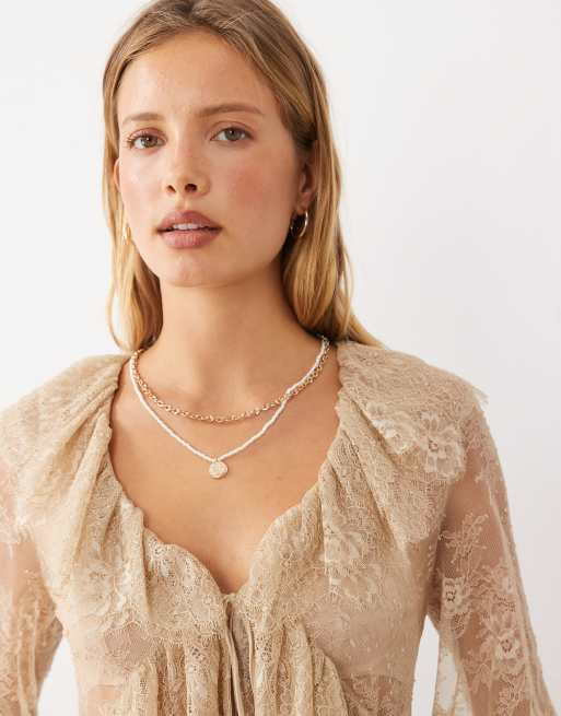 Mango delicate lace ruffle long sleeve blouse in sand  , 3 of 4
