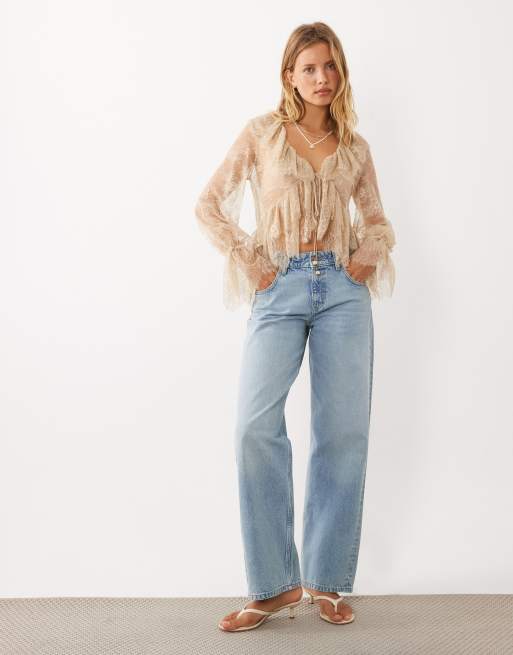 Mango delicate lace ruffled long sleeve blouse in sand  , 2 of 4