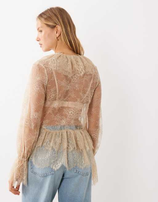Mango delicate lace ruffled long sleeve blouse in sand  , 4 of 4