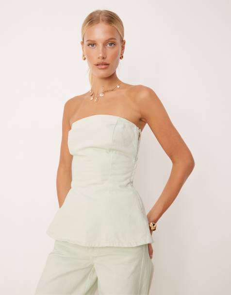 Mango denim bandeau soft peplum silhouette co-ord with side zip in pastel green - view 1
