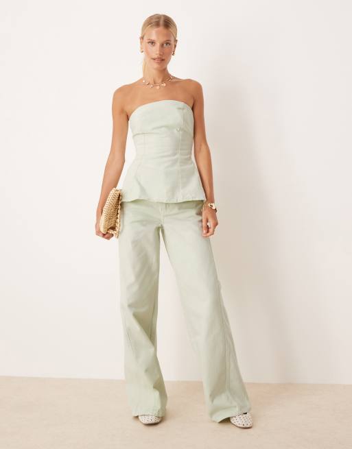Mango denim bandeau soft peplum silhouette co-ord with side zip in pastel green, 2 of 4
