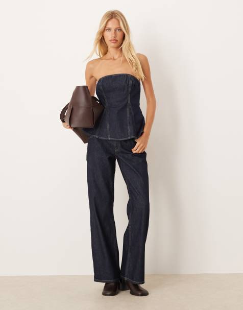 Mango denim bandeau top & jeans set with contrast stitch in indigo - view 1