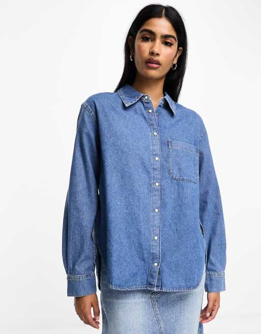 マンゴ Mango denim collared long sleeve shirt in mid blue レディース-