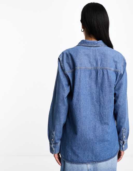 マンゴ Mango denim collared long sleeve shirt in mid blue レディース-