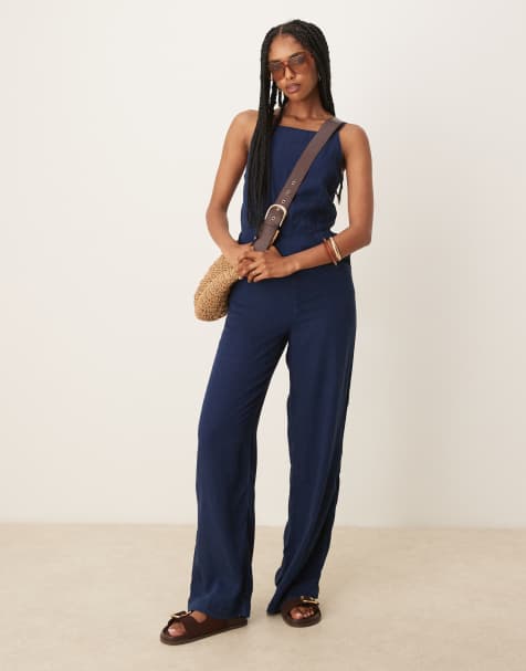 Mango denim effect straight leg jumpsuit in indigo - view 1