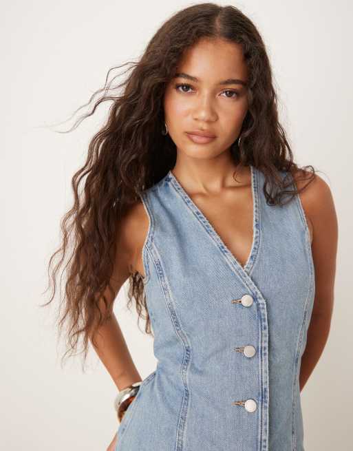 Mango - Denim gilet met naden in lichtblauw met wassing, deel van co-ord set