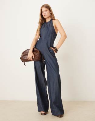 Mango Denim Halterneck Jumpsuit In Blue