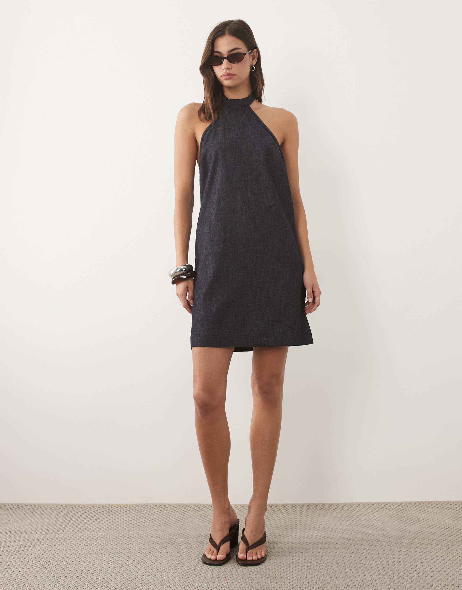 mango denim halterneck mini dress in indigo