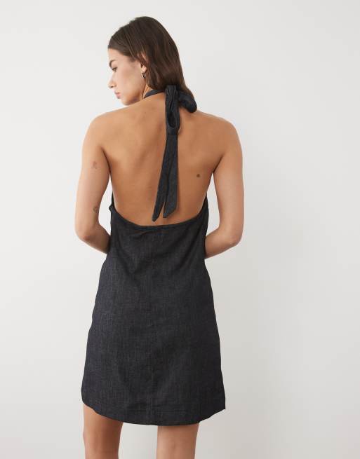 Mango denim halterneck mini dress in indigo, 4 of 4