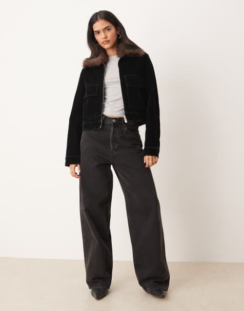 Mango denim jacket with faux fur collar in black
