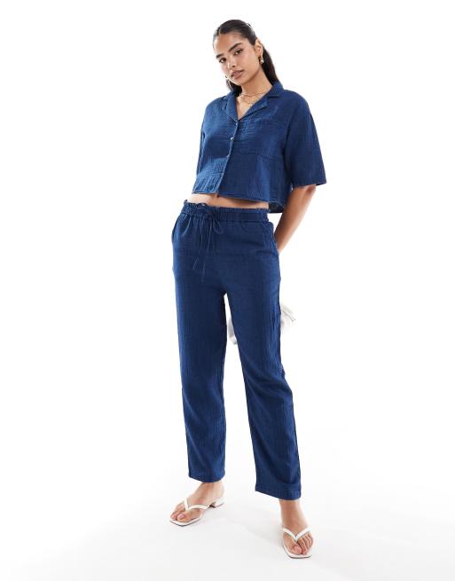 Mango denim look shirt and tie waist pants set in blue