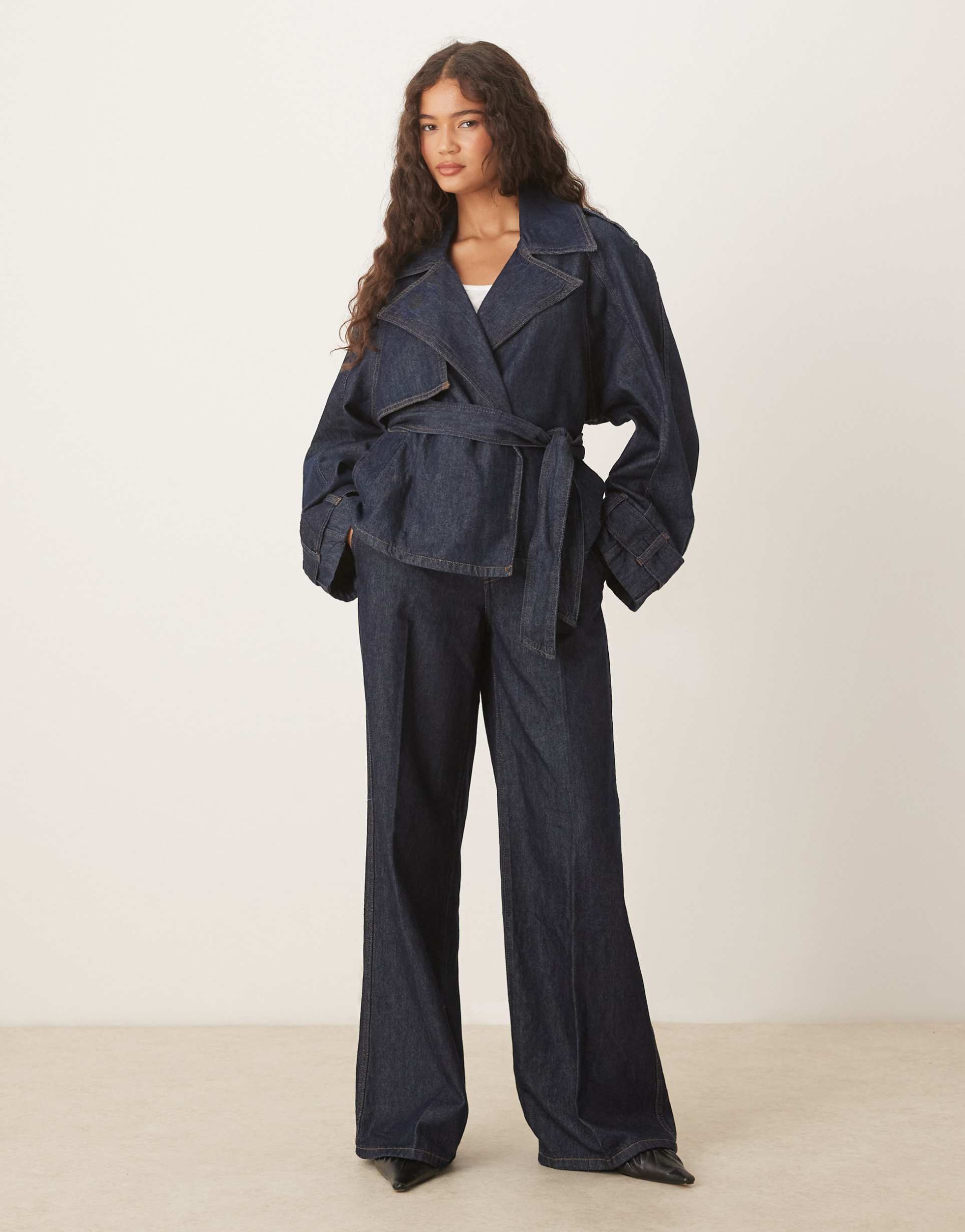 mango denim look tailored pants set in blue