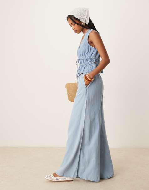Mango denim look wide leg pants in light blue - part of a set - view 1