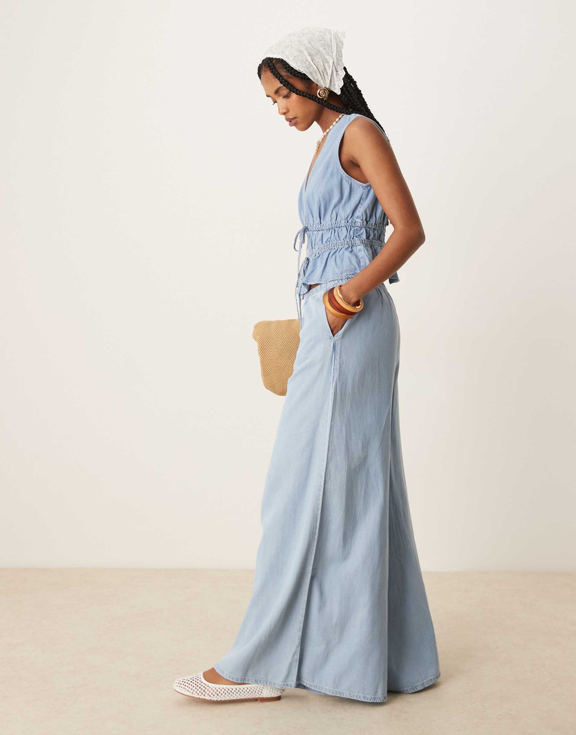 mango denim look wide leg pants in light blue - part of a set