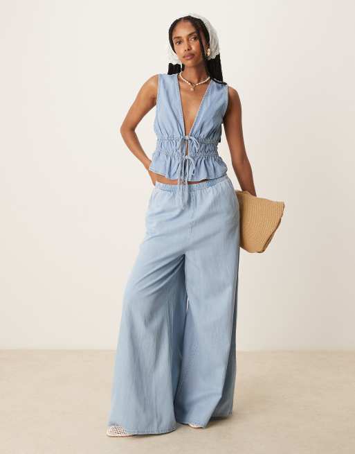 Mango denim look wide leg pants in light blue - part of a set