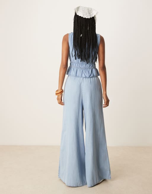 Mango denim look wide leg pants in light blue - part of a set | ASOS