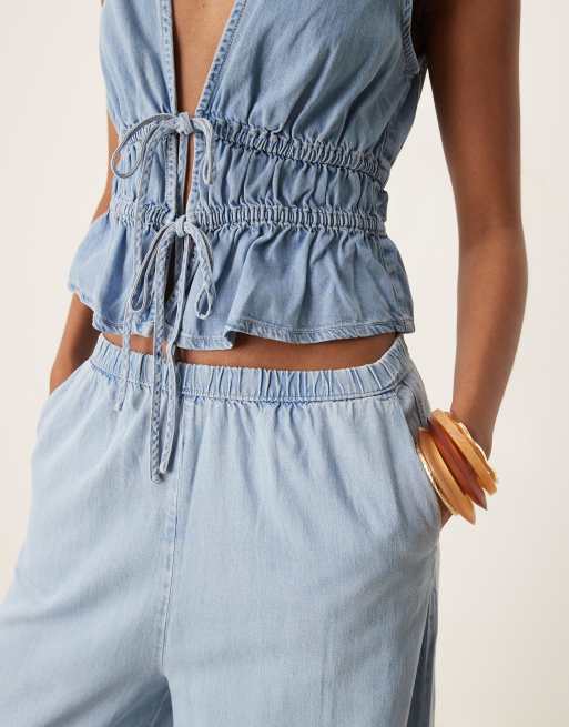 Mango denim look wide leg pants in light blue - part of a set