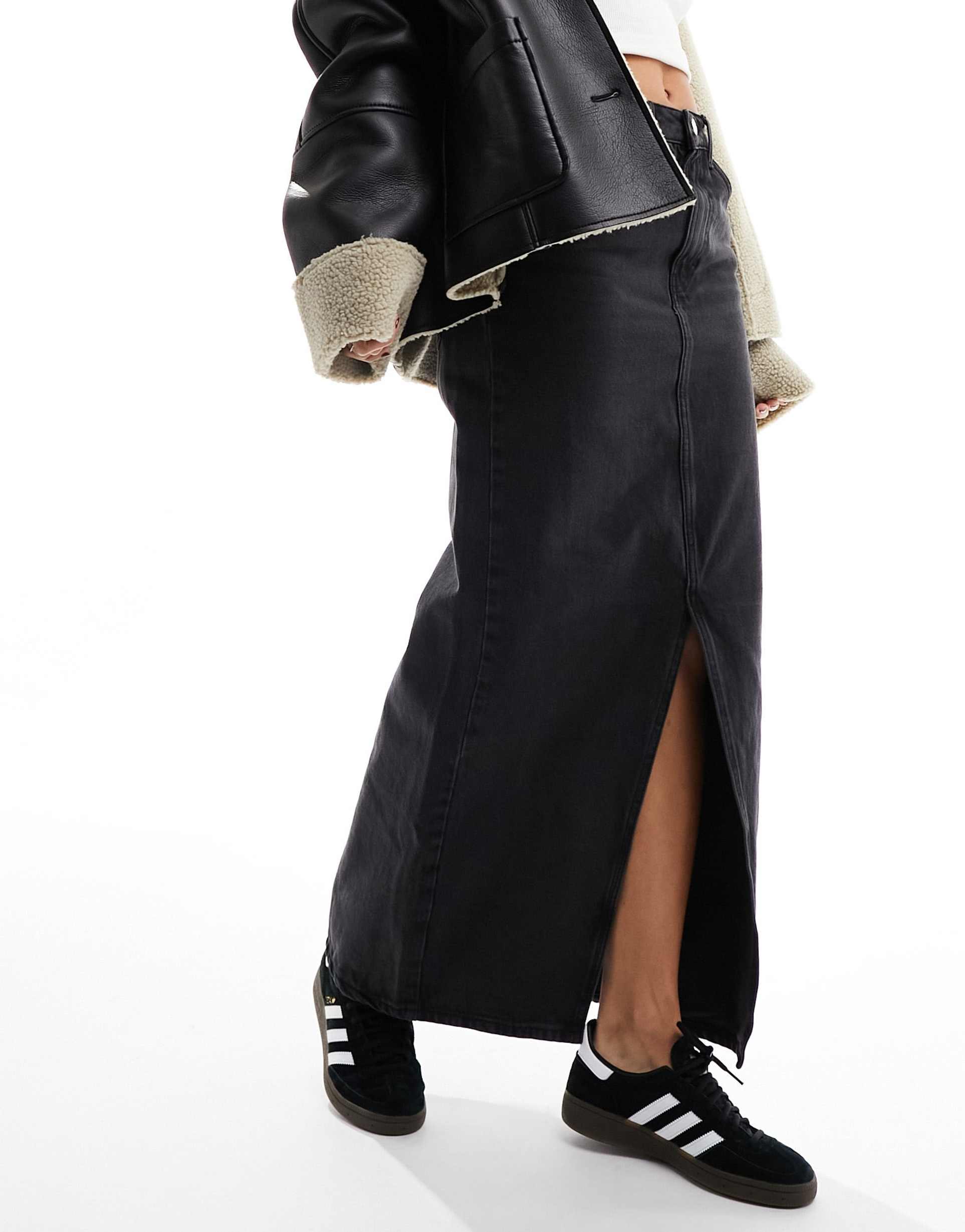 mango denim maxi skirt in black