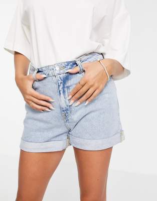 Mango denim mom short in light blue | ASOS
