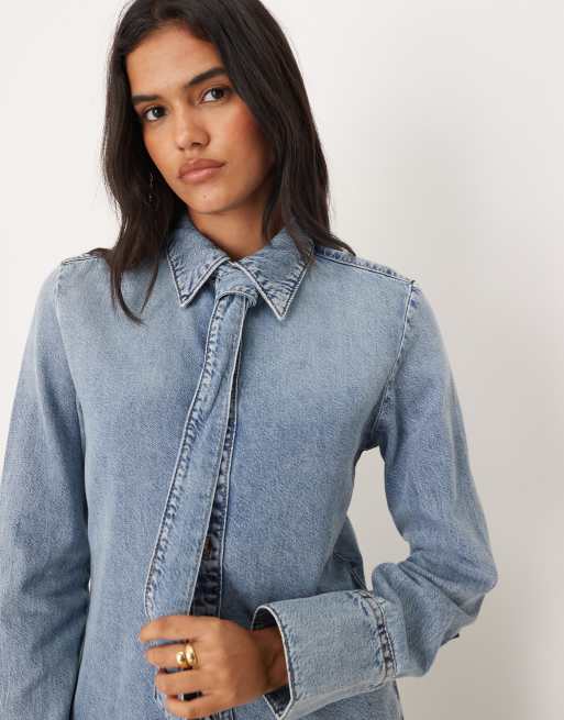Mango - Denim overhemd van katoenmix met lange mouwen en stropdas in medium blauw, 3 van 4