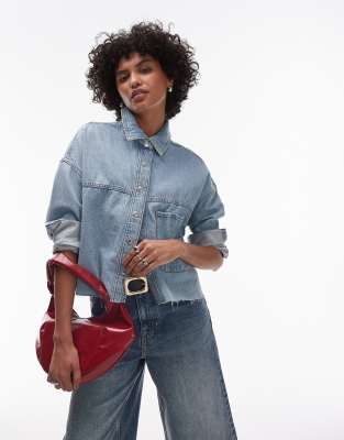 denim oversized shirt 144 with frayed hem in light blue - part of a set