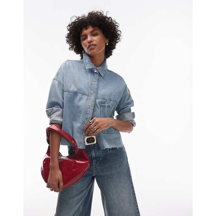 アユマン  Mango denim oversized shirt 144 with frayed hem in light