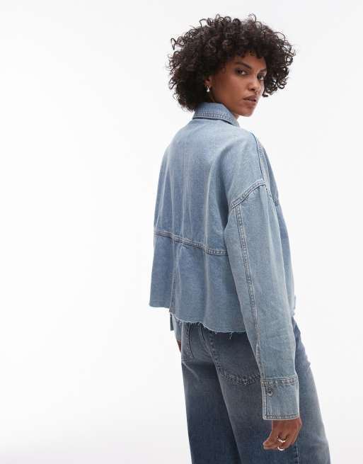 Mango denim oversized shirt 144 with frayed hem in light