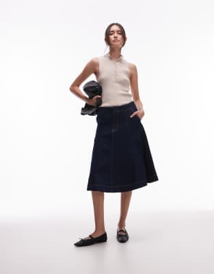 Mango denim pleated midi skirt in dark blue