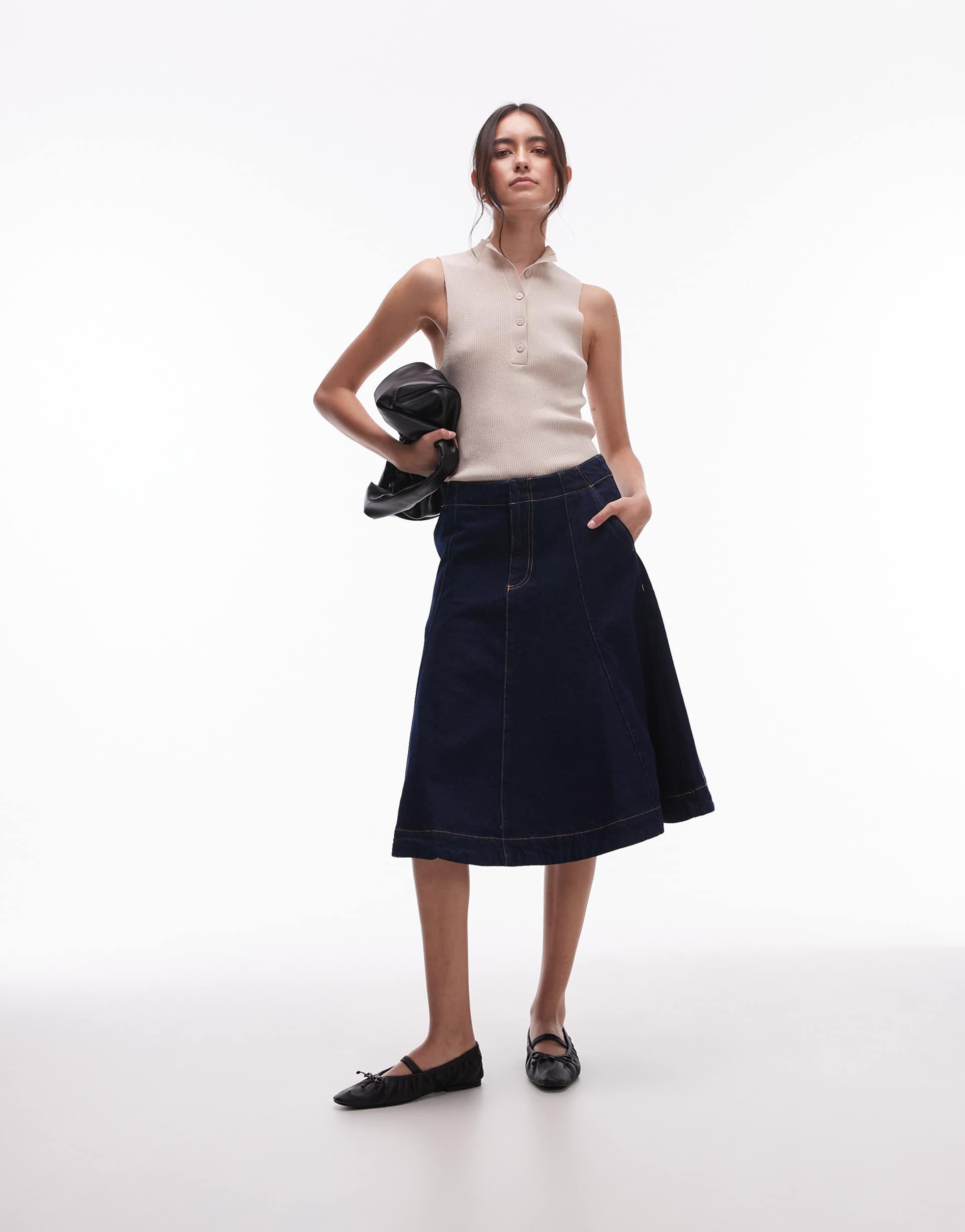mango denim pleated midi skirt in dark blue