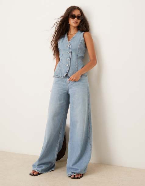 Mango denim seamed waistcoat co-ord in light wash blue