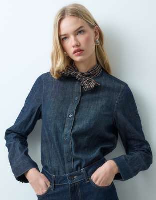 Mango Denim Shirt With Contrast Tie Neck-blue