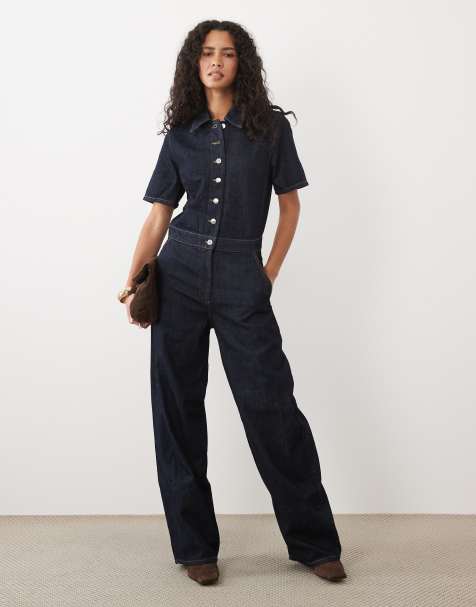 Mango denim short sleeve button through jumpsuit in indigo - view 1