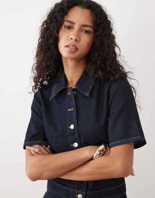 Mango denim short sleeve button through jumpsuit in indigo, 3 of 4