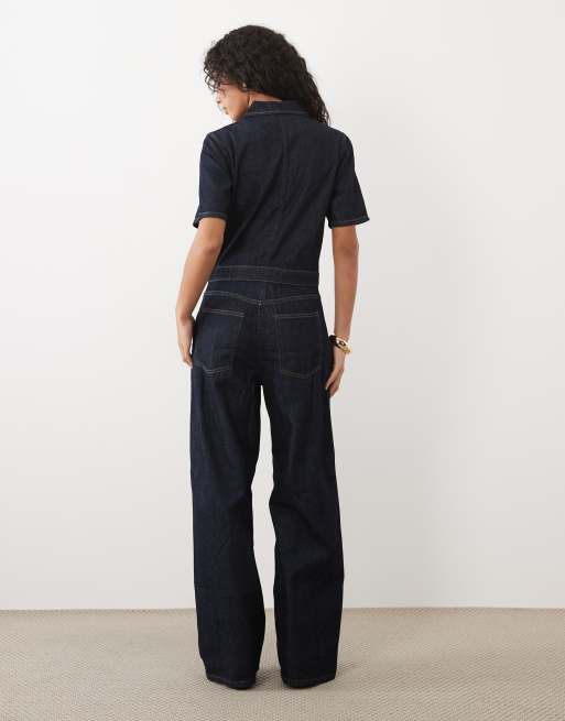 Mango denim short sleeve button through jumpsuit in indigo, 4 of 4