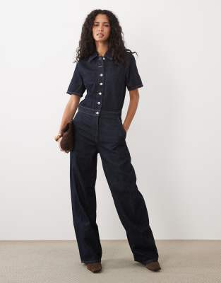 Mango Denim Short Sleeve Button Up Jumpsuit In Blue