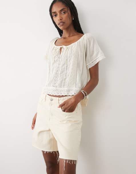 Mango - Denim short van 100% katoen in lichtbeige - view 1