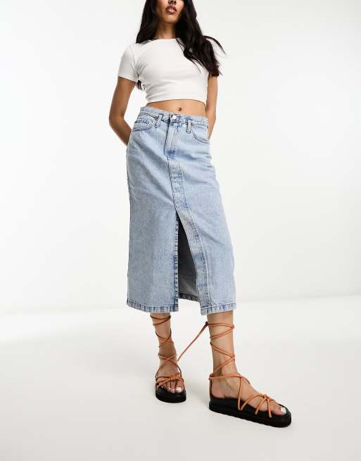 Mango denim skirt with front split in light blue