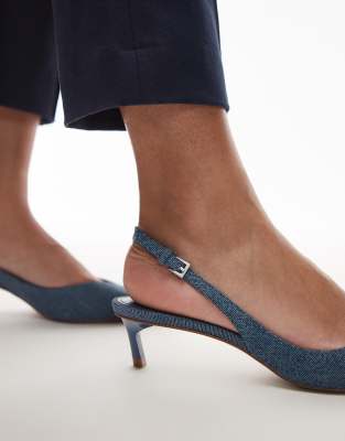 Mango Denim Slingback Kitten Heels