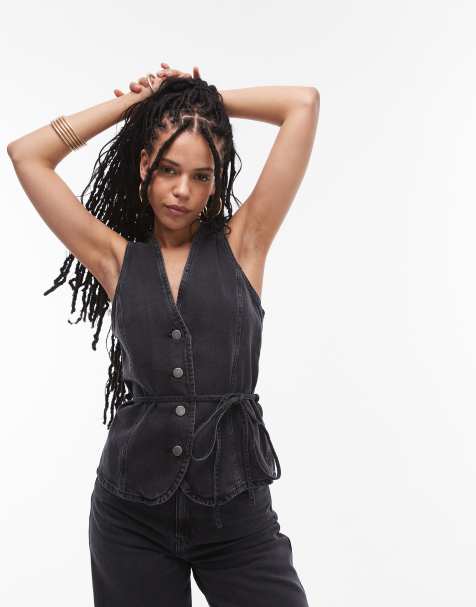 Mango denim tie front vest in black - part of a set - view 1