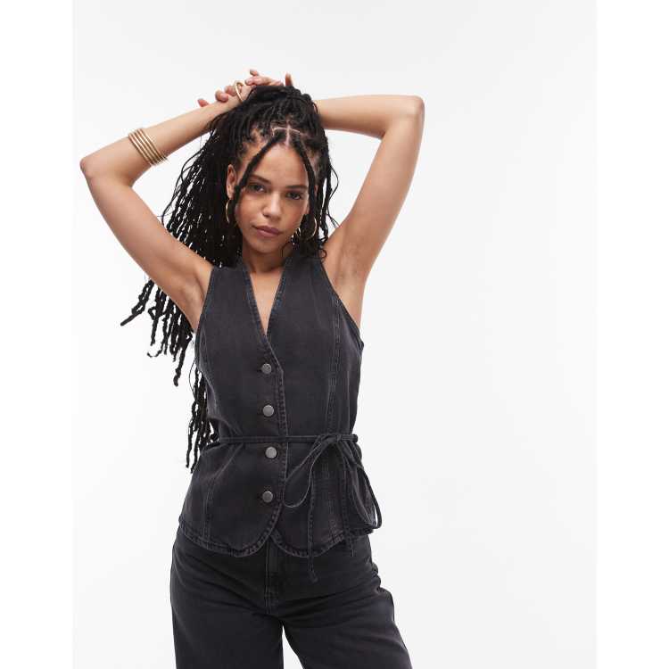 Mango denim tie front vest in black - part of a set | ASOS