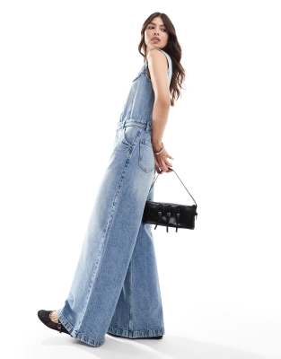 denim vest jumpsuit in light blue