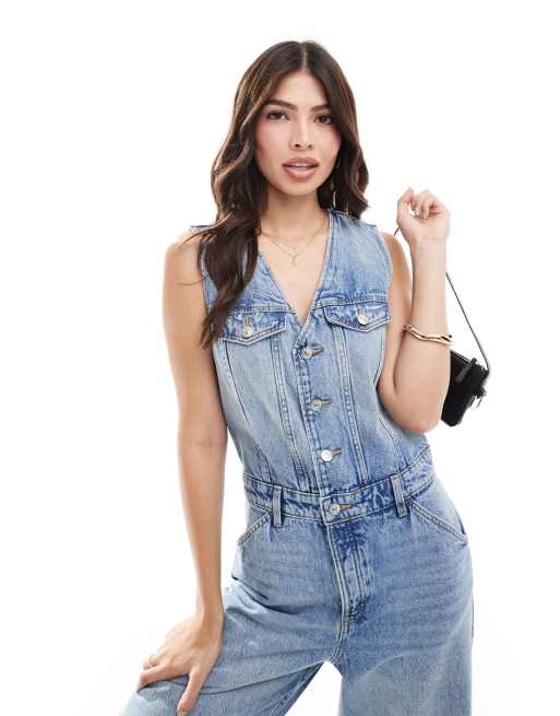 Mango denim waistcoat jumpsuit in light blue ASOS