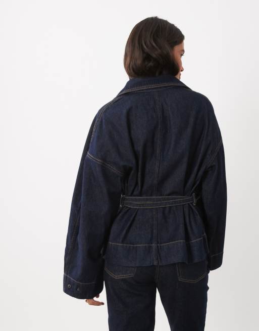 Mango denimjakke i kort model med bælte i indigo, 4 af 4