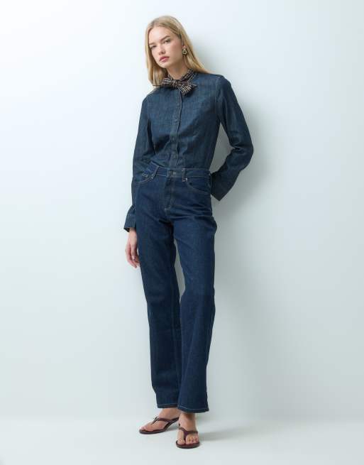 Mango denimskjorte med kontrastbindebånd i halsen, 3 af 4