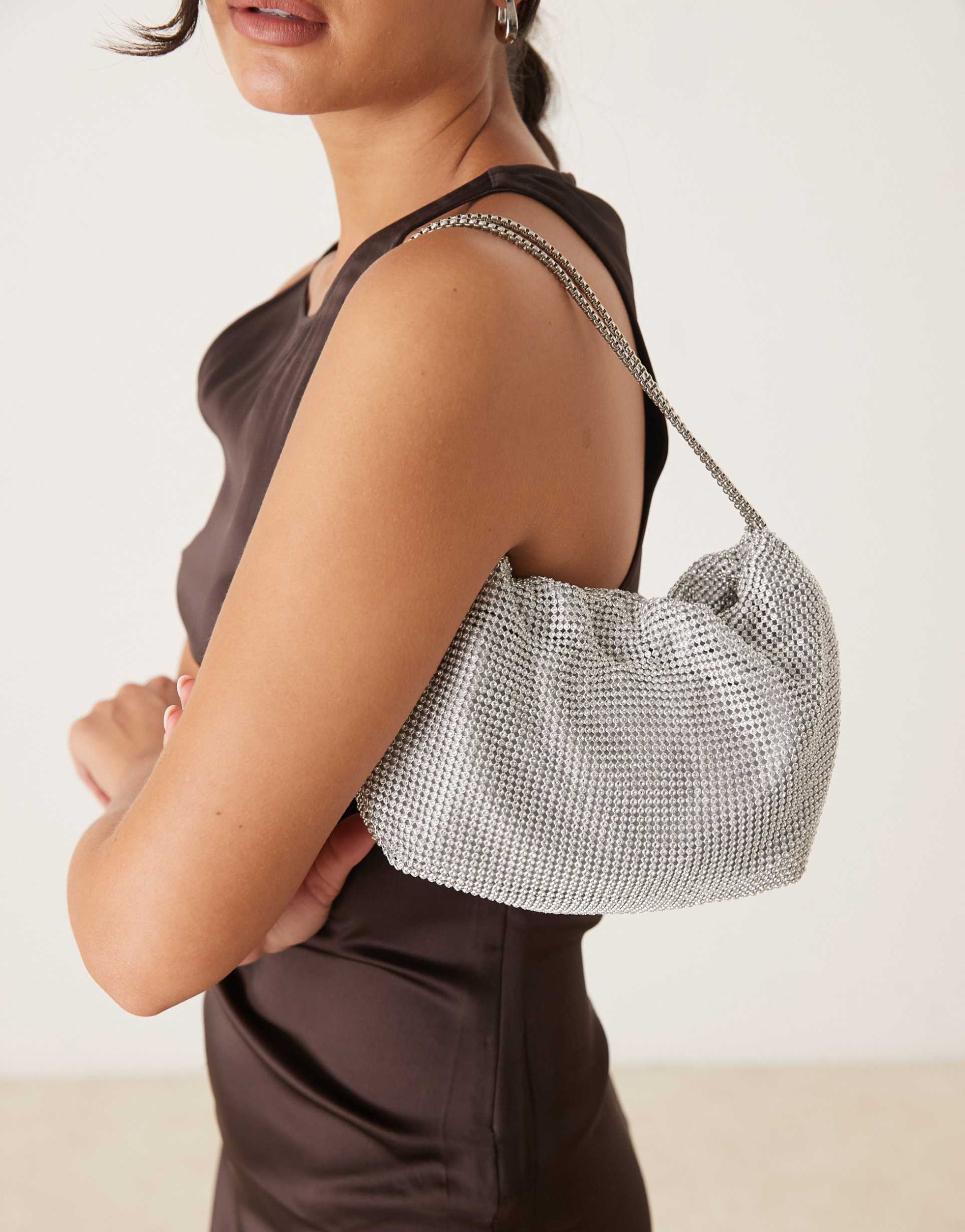 mango diamante chain bag in silver