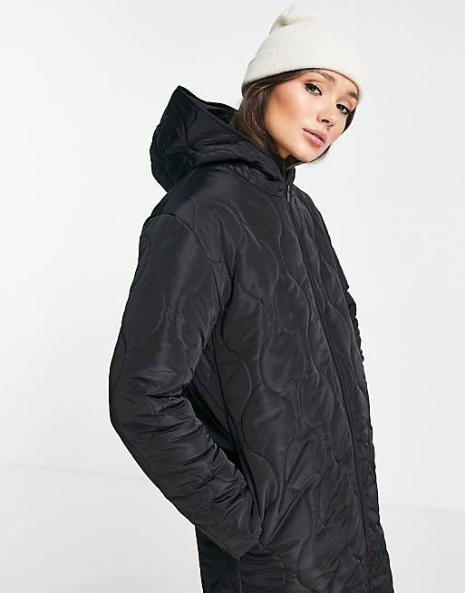 Women Mango diamond quilted longline coat with hood in black 