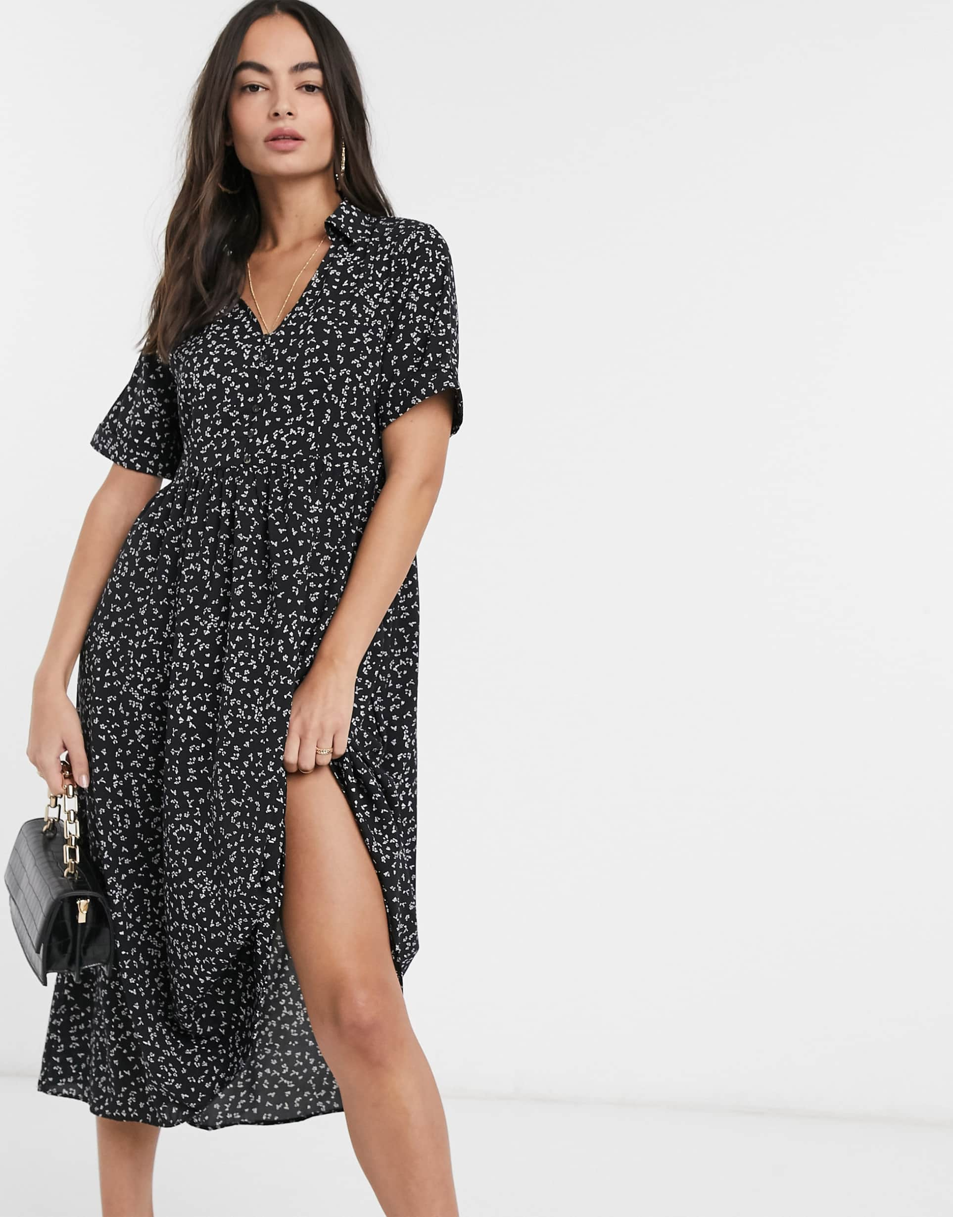 <b>Mango</b> ditsy floral smock dress in black, 1 of 4.