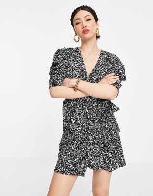 Mango Ditsy Floral Wrap Dress In Black ModeSens